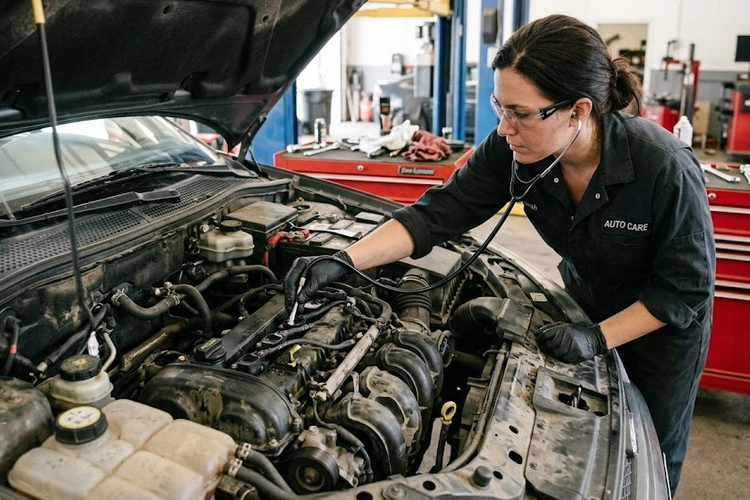 Engine ticking sound at startup — mechanic inspecting valve cover and engine bay components