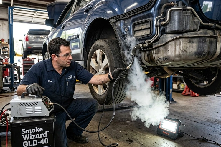 EVAP leak symptoms — charcoal canister, purge valve, and gas cap components of a vehicle evaporative emission control system