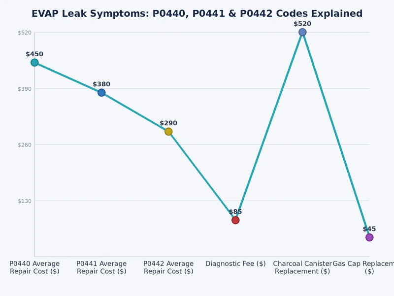 Bar chart comparing P0440 P0441 and P0442 EVAP code frequency by vehicle platform and primary component failure