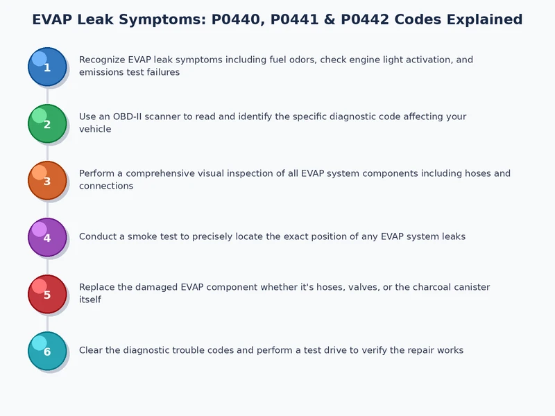 Step-by-step EVAP leak diagnosis process flowchart from gas cap inspection through smoke testing and purge valve functional test