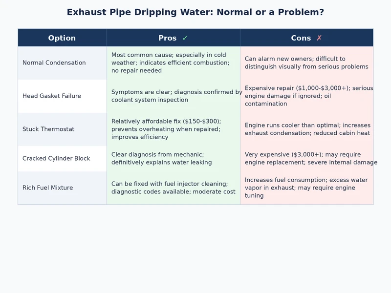 comparison of normal exhaust condensation versus serious exhaust dripping water caused by coolant or oil