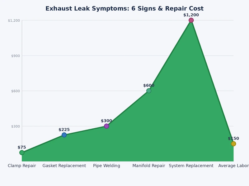 Bar chart comparing repair urgency of six exhaust leak symptoms by safety impact and cost escalation risk