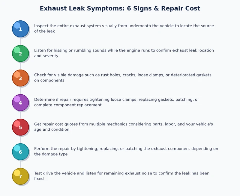 Step-by-step process diagram for diagnosing exhaust leak symptoms from visual inspection through smoke testing