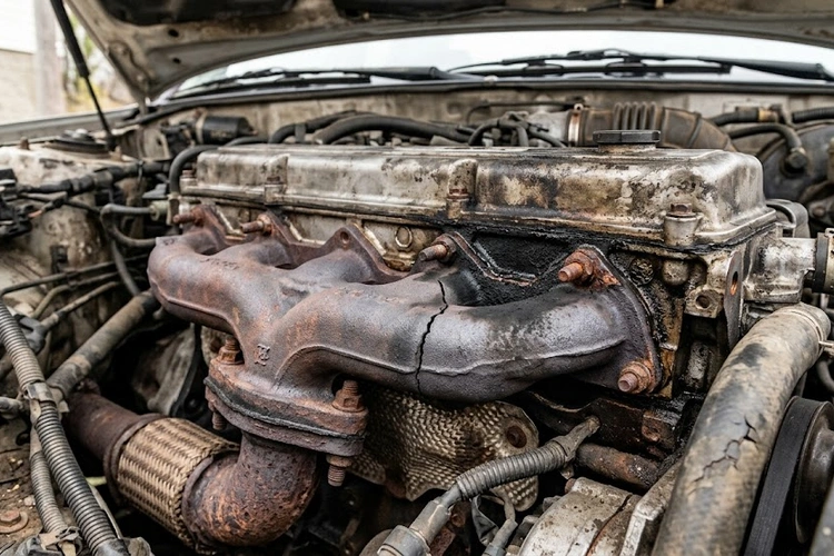 Cracked exhaust manifold with soot deposits showing exhaust manifold leak symptoms at the gasket flange
