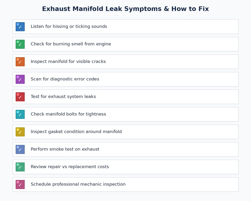 Exhaust manifold leak symptoms diagnostic checklist covering sound, smell, performance, and code indicators