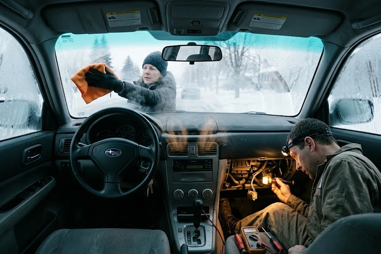 front windshield defroster not working — heavily fogged windshield viewed from inside the car