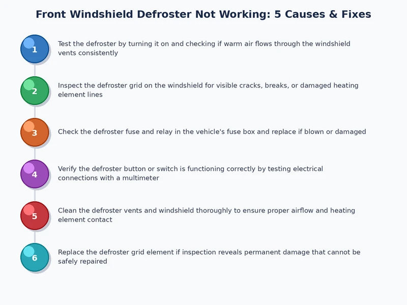 step-by-step process diagram for diagnosing a front windshield defroster not working