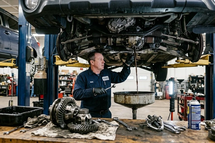 front differential noise symptoms — technician inspecting disassembled front differential ring-and-pinion gear set