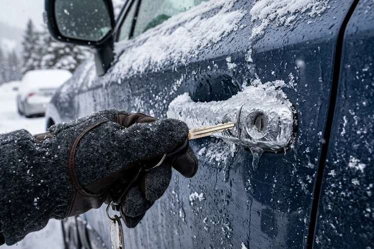 Frozen car door lock cylinder covered in ice with frost around the keyhole