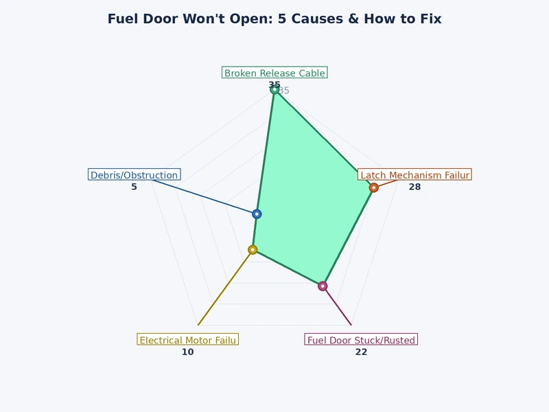 Bar chart comparing the five most common causes of a fuel door that won't open by repair frequency and average cost