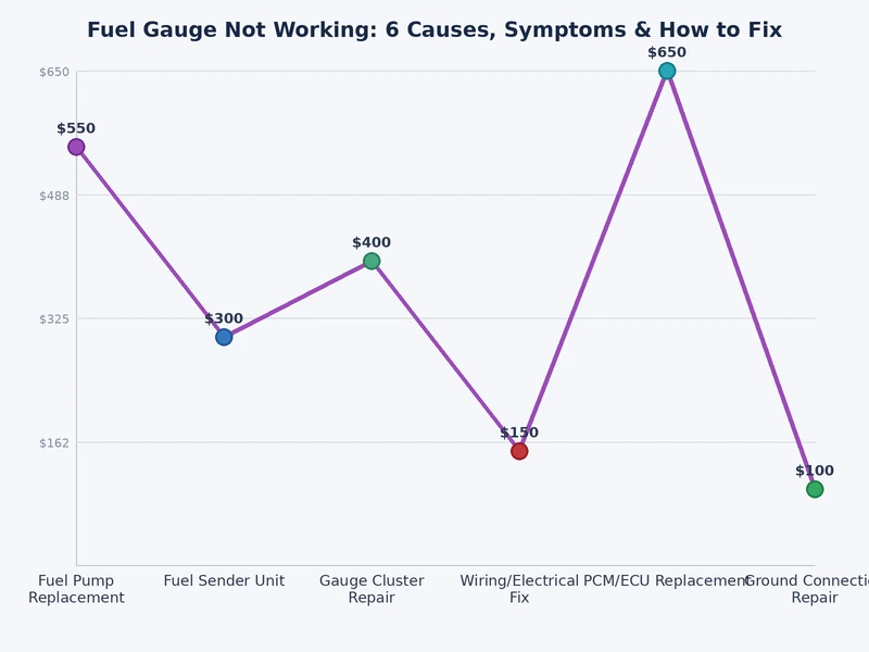 bar chart showing frequency of fuel gauge not working causes including sending unit, wiring, fuse, and cluster failure