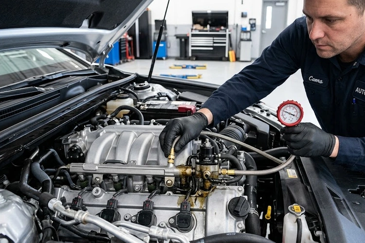 Mechanic inspecting fuel pressure regulator symptoms on a fuel rail with a pressure gauge