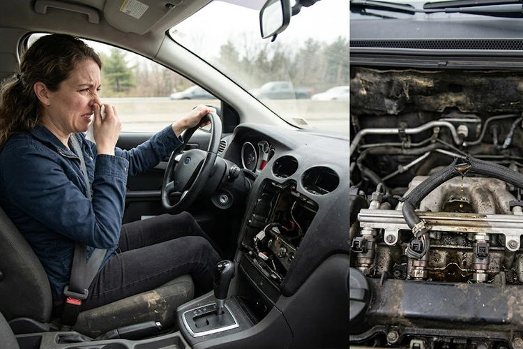 Mechanic inspecting fuel lines under the hood to diagnose fuel smell inside car