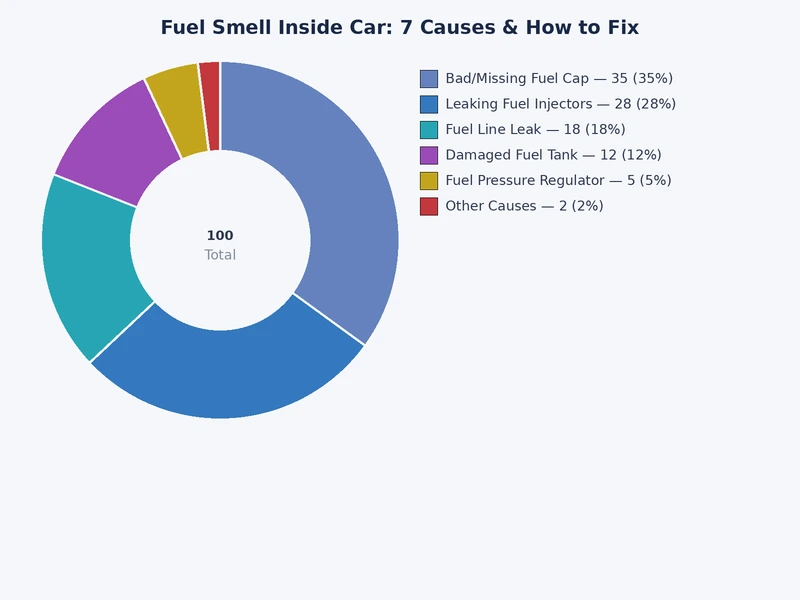 Bar chart showing relative frequency of the seven causes of fuel smell inside car by component failure rate