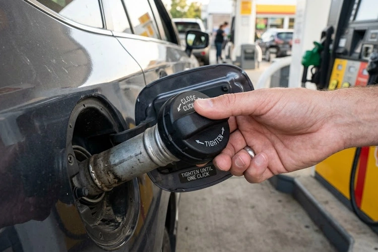 Gas cap light on dashboard with loose fuel cap close-up on vehicle filler neck