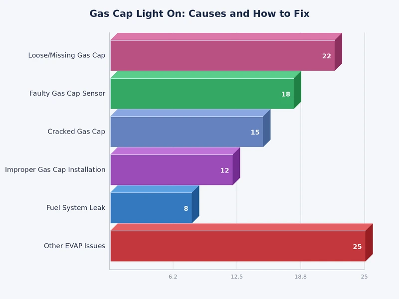 Bar chart showing frequency of gas cap light causes including loose cap, worn seal, EVAP sensor fault, and missing cap