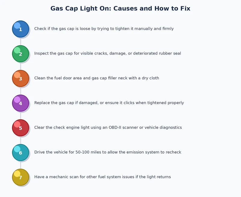 Process diagram showing diagnostic steps from gas cap light on warning to resolving the root cause