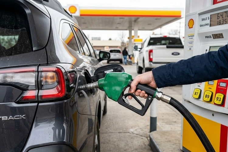 A gas pump nozzle inserted into a car's fuel filler neck at a service station, showing the automatic shutoff mechanism on the handle with the pump display visible in the background.