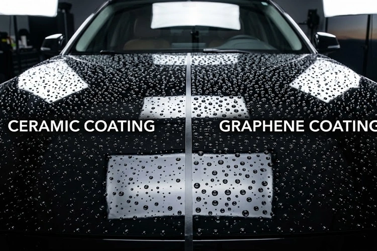 Graphene coating vs ceramic coating applied to a car hood showing deep gloss finish