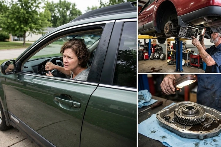 Mechanic inspecting brake rotor and pads to diagnose grinding noise when reversing