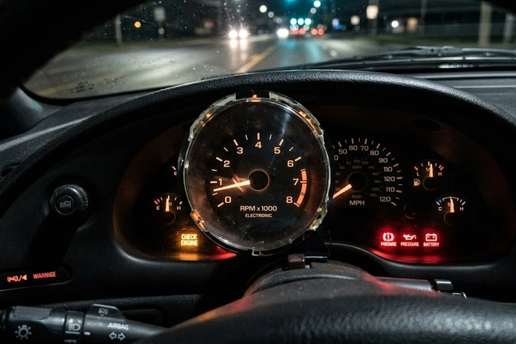 Close-up of a worn brake pad and scored rotor causing grinding noise when braking
