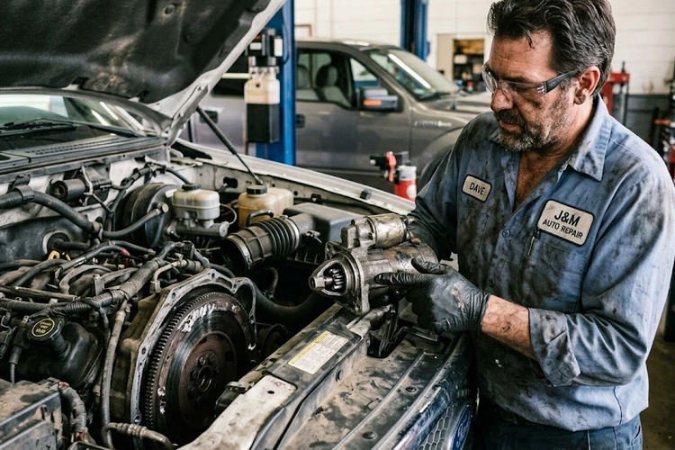 mechanic inspecting starter motor for grinding noise when starting car