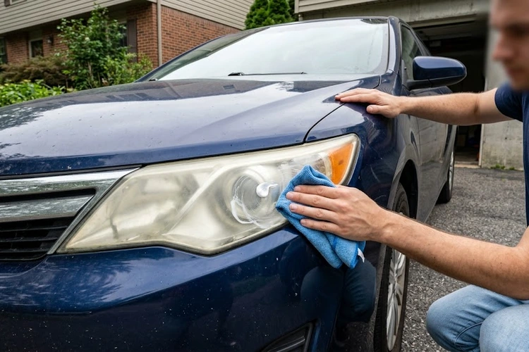 headlight condensation inside a sealed polycarbonate housing with moisture droplets visible on inner lens surface