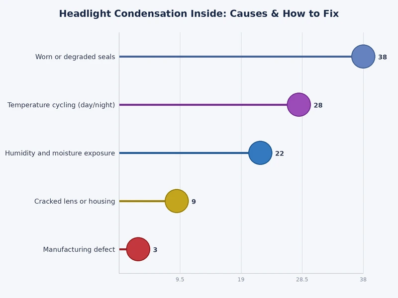bar chart showing most common causes of headlight condensation inside sealed assemblies by frequency