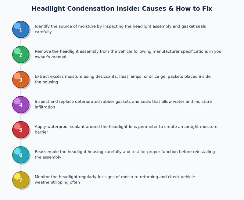 step-by-step process diagram for diagnosing and fixing headlight condensation inside a sealed housing