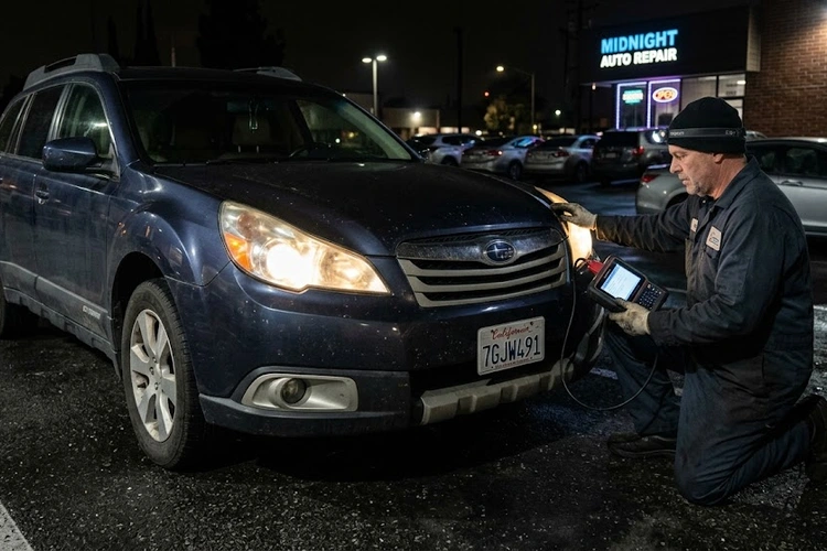 headlights flickering on a vehicle at night with visible electrical fault symptoms