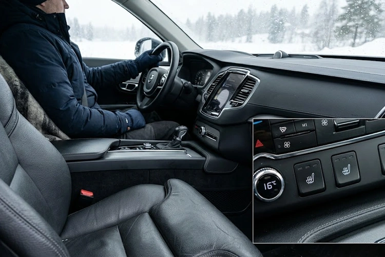 Mechanic inspecting heated seat wiring harness under a car seat to diagnose heated seats not working