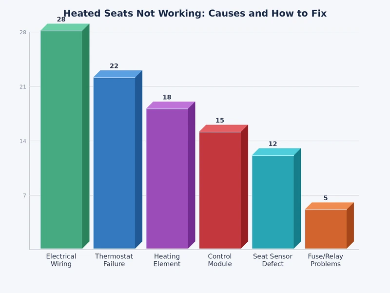 Bar chart comparing frequency of heated seat failure causes: fuse, switch, wiring harness, thermistor, and heating element