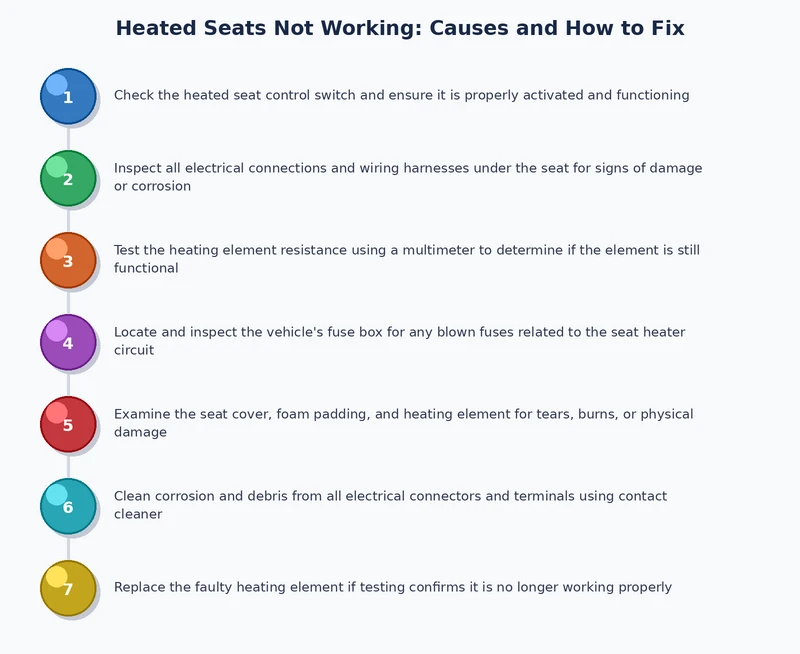 Step-by-step diagnostic flowchart for heated seats not working, starting from fuse check through switch, harness, thermistor, and element testing