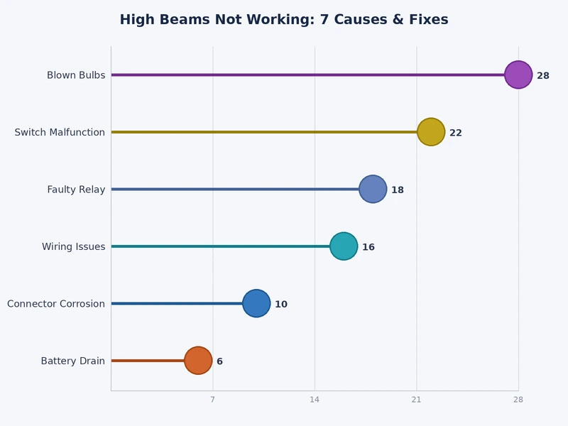 chart showing 7 causes of high beams not working and repair difficulty