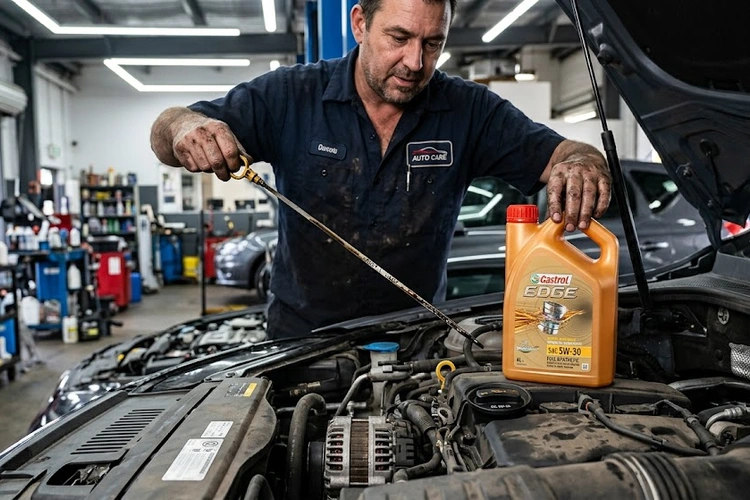 Mechanic using a dipstick to check how long does engine oil last in a car engine