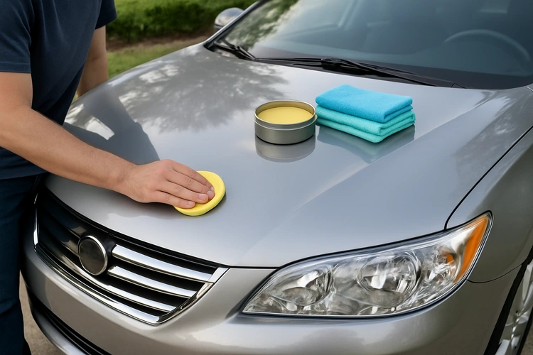 how often should you wax your car — hand applying wax to car hood