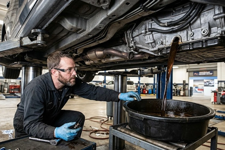 Mechanic draining and inspecting dark transmission fluid to assess how often to change transmission fluid