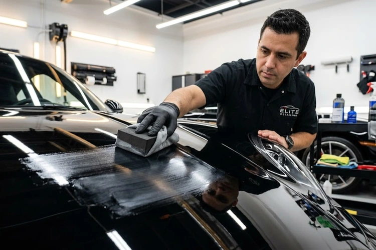 How to apply graphene coating using a suede applicator block on a car door panel