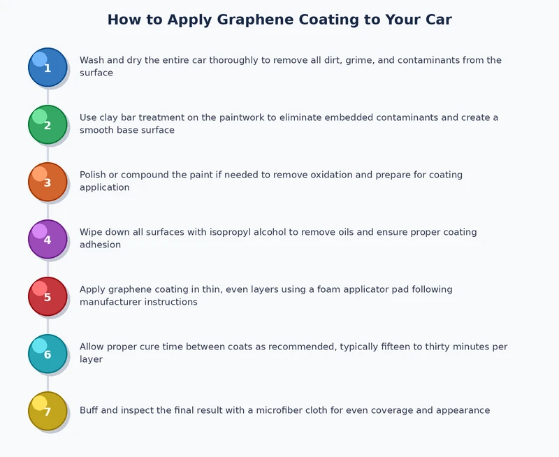 Step-by-step process diagram showing how to apply graphene coating from surface prep through final 7-day cure