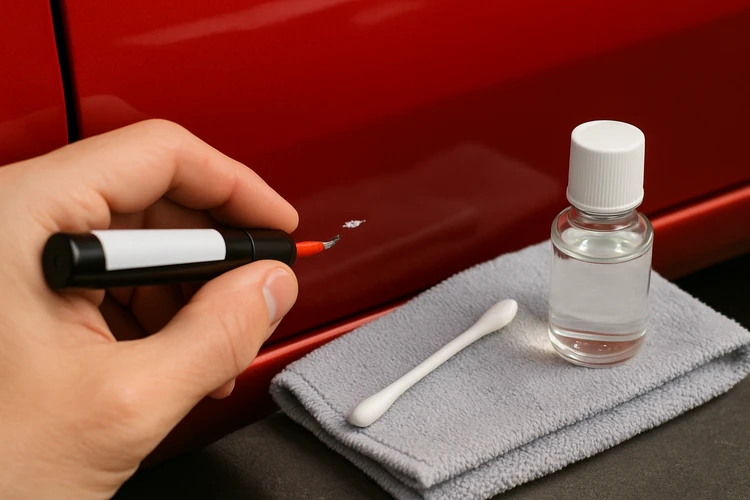 how to apply touch up paint to a car showing small chip being filled with brush applicator