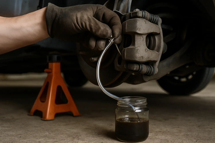 mechanic bleeding car brakes at home using clear tubing on caliper bleeder screw