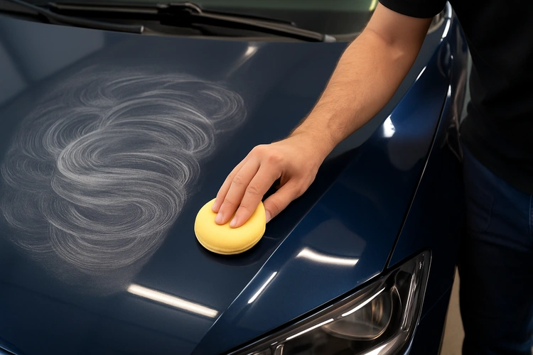 Person buffing a car by hand using a foam applicator pad on dark paint