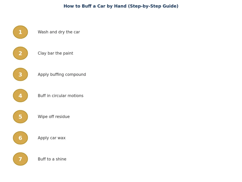 Step-by-step process diagram for how to buff a car by hand: wash, inspect, tape trim, apply compound, work in sections, buff off