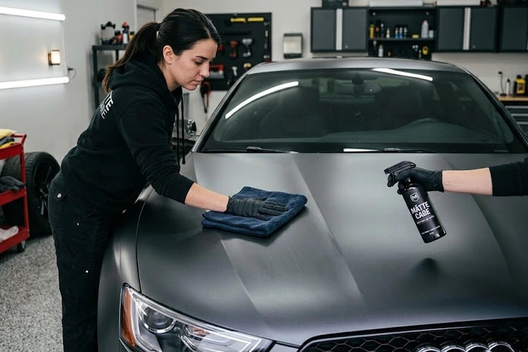 Matte car paint care — proper hand washing technique on flat finish vehicle