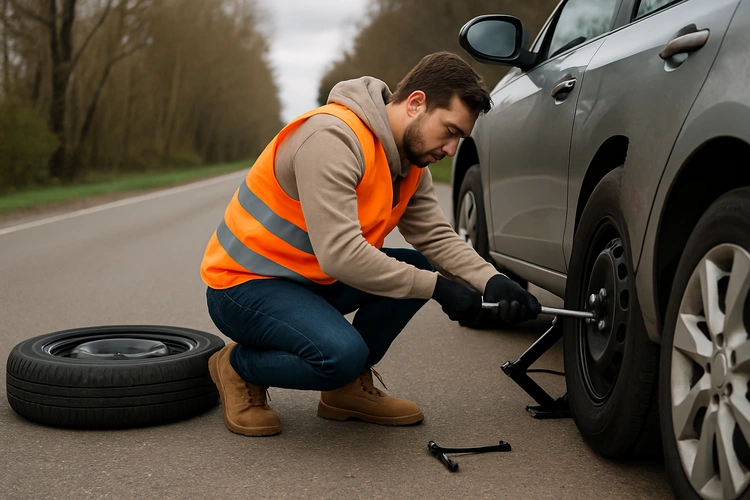 Person changing a flat tire on the side of the road with a jack and lug wrench