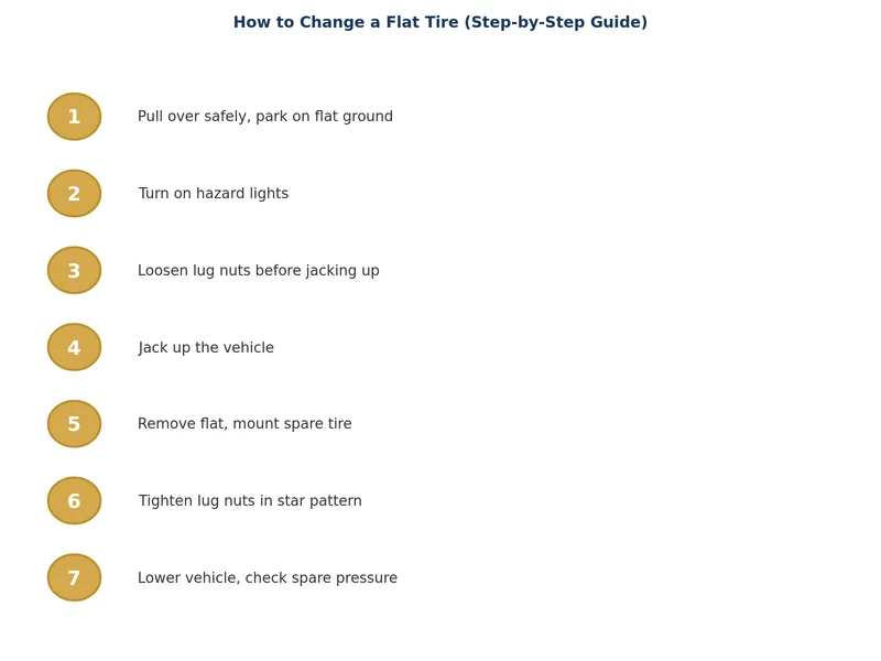 Step-by-step process diagram showing how to change a flat tire from hazard lights to tightening lug nuts