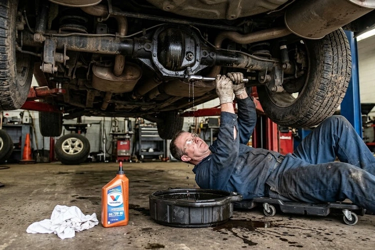 mechanic draining old differential fluid from a rear axle housing during a fluid change service