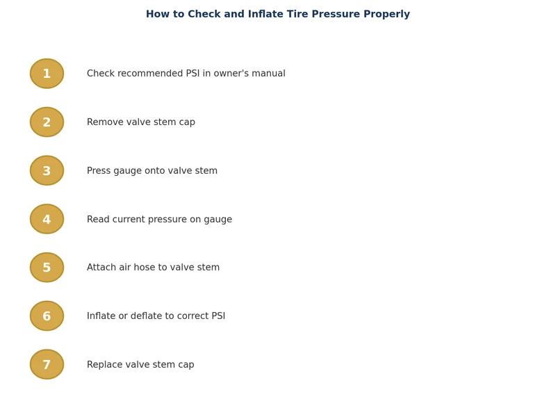 Step-by-step process diagram for checking and inflating tire pressure