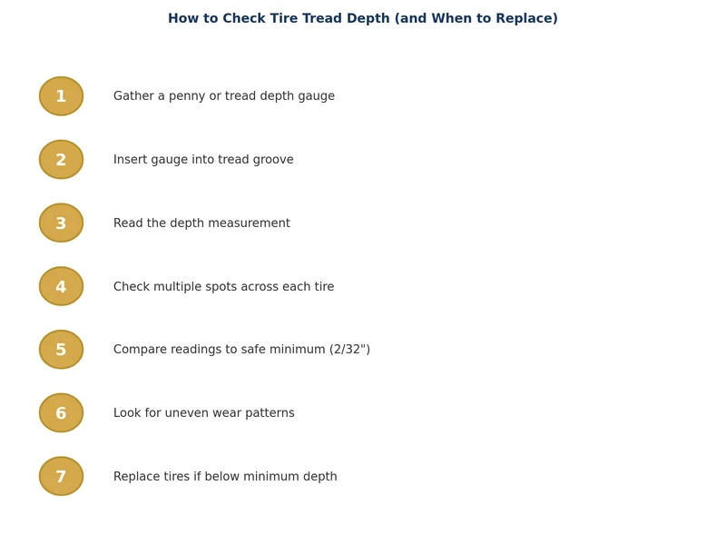 Step-by-step process diagram showing how to check tire tread depth using a penny and gauge