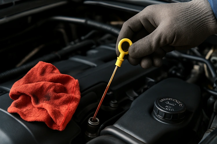 Mechanic checking transmission fluid level on dipstick under car hood
